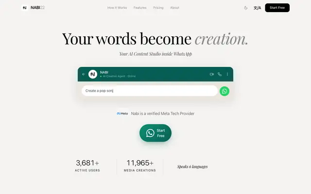 Screenshot of NABI — Autonomous Creative Agent on WhatsApp | NABI22