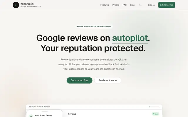 Screenshot of ReviewSpark — Google Review Automation for Local Businesses | ReviewSpark