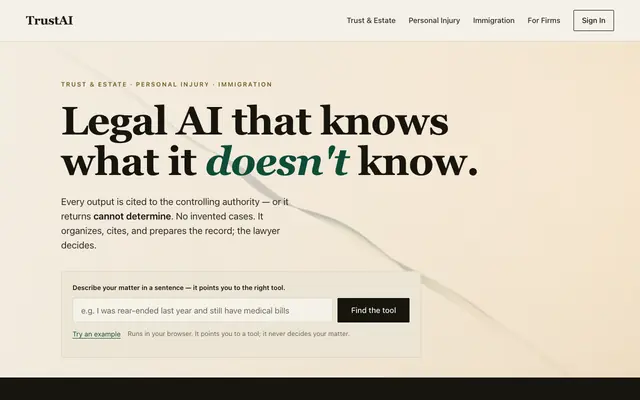 Screenshot of TrustAI — Legal AI that knows what it doesn't know