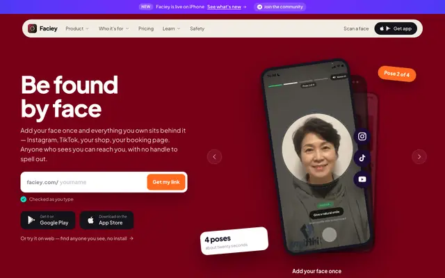 Screenshot of Faciey — The Link in Bio That Recognises Faces