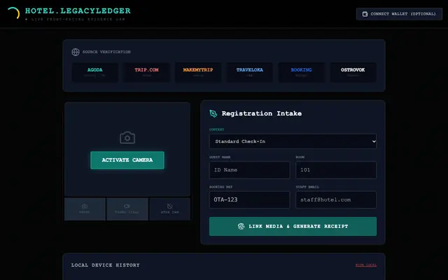 Screenshot of Hotel.LegacyLedger.org | Evidence Command