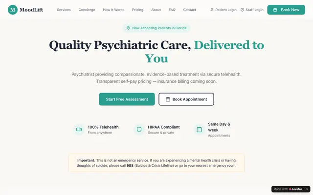 Screenshot of MoodLift Psychiatry — Telehealth Psychiatric Care in Florida