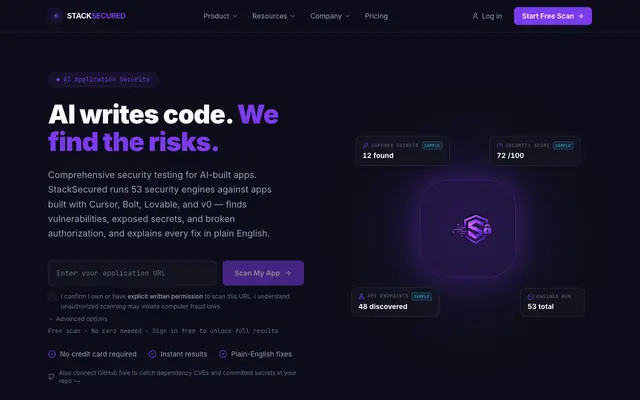 Screenshot of StackSecured — Security Audit for Vibe-Coded Apps