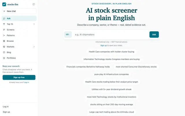 Screenshot of AI Stock Screener in Plain English (Free) — stocks-llm