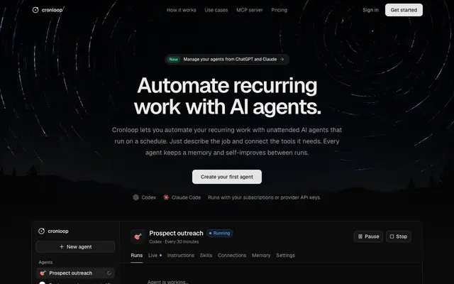 Screenshot of Cronloop: AI agents that run in a loop