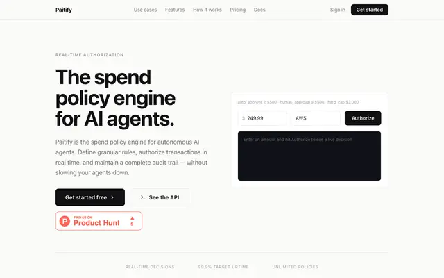 Screenshot of Paitify — Agent Spend Policy Engine