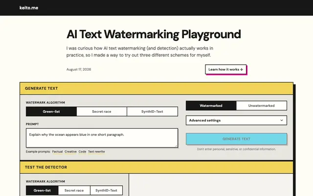 Screenshot of AI Text Watermarking Playground