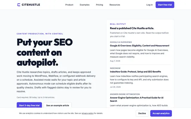 Screenshot of Cite Hustle · Audit AI-search foundations and publish better answers