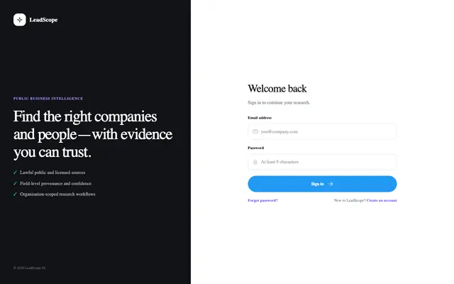 Screenshot of LeadScope AI — Business intelligence search