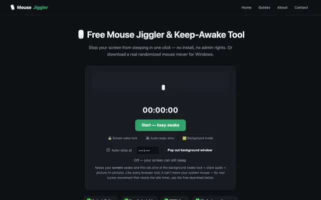 Screenshot of Mouse Jiggler — Free Online Keep-Awake Tool & Mouse Mover