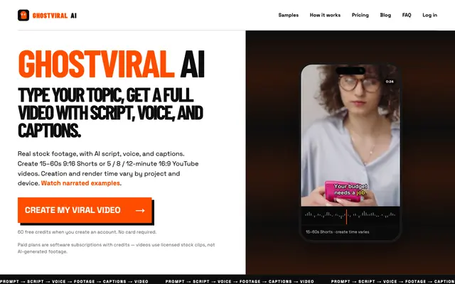 Screenshot of GhostViral AI — Shorts in ~1 minute, YouTube 5–12 min