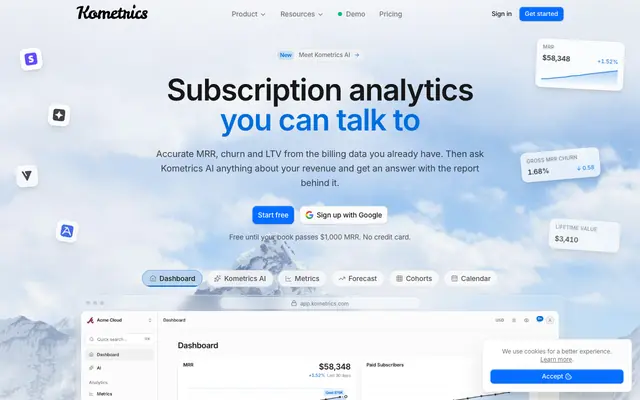 Screenshot of Kometrics - Subscription & Revenue Analytics for the AI Era