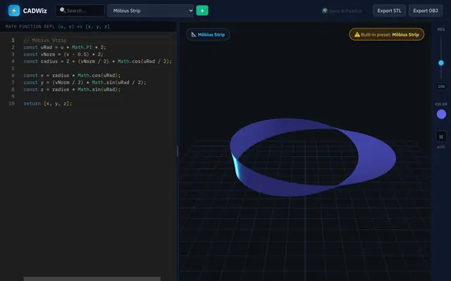 Screenshot of CADWiz — Mathematical 3D Studio