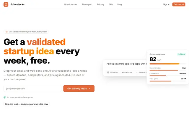 Screenshot of nichestacks — Validate Your Next Startup Idea With AI Market Research