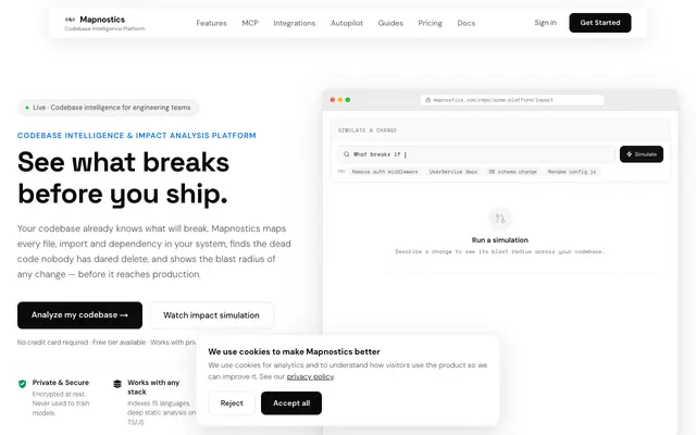 Screenshot of Mapnostics — Codebase Intelligence