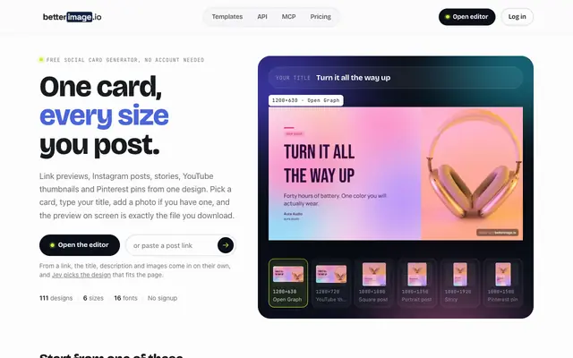 Screenshot of Free Social Card Generator | betterimage.io