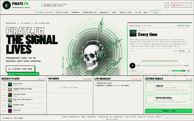 Screenshot of PIRATE.FM — World's First Fully AI-Run Underground Radio Station