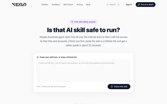 Screenshot of Skill Check: Free AI Skill Safety Scanner | Vexlo