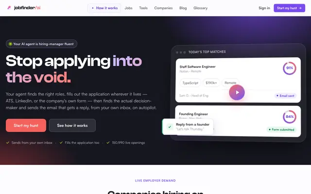 Screenshot of AI Job Finder — We Email the Hiring Manager For You · jobfinder-ai