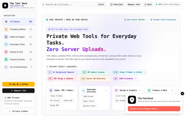 Screenshot of The Tool Deck — 69 Free Private In-Browser Web Tools for Everyone