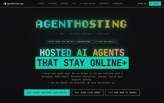 Screenshot of AgentHosting.app — Managed Hosting for AI Agents