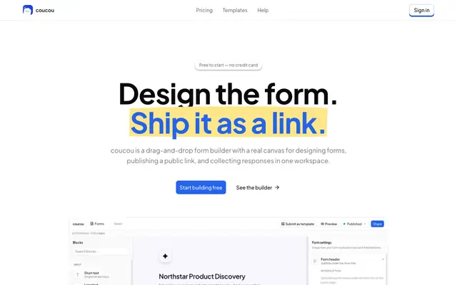 Screenshot of Coucou — Build & Share Forms