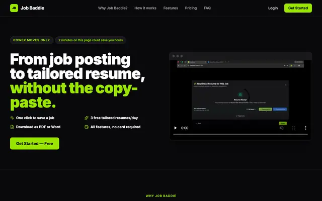 Screenshot of Job Baddie — AI Resume Tailoring & Job Application Tracking