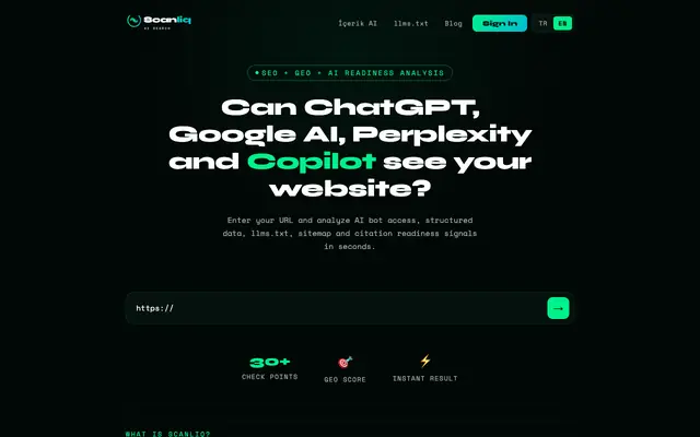Screenshot of Scanliq — AI Optimizasyon & GEO Aracı | AI Search Visibility