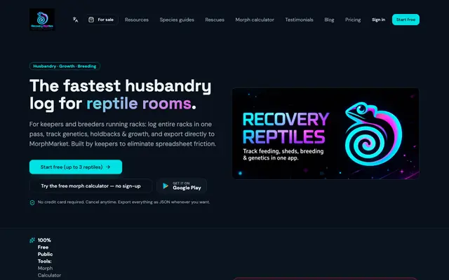 Screenshot of Recovery Reptiles — Reptile Husbandry & Breeding Tracker