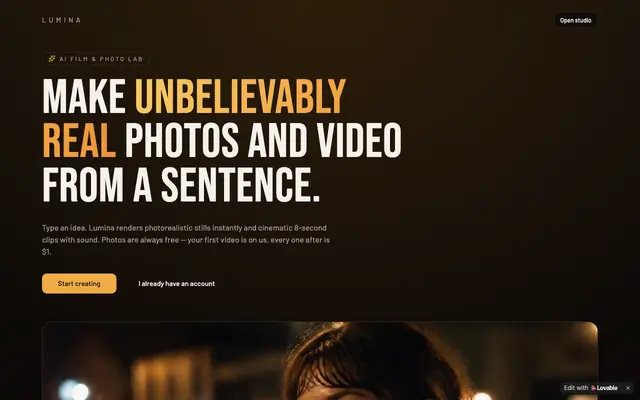 Screenshot of Lumina AI Studio — Realistic AI Photos & Video
