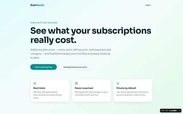 Screenshot of SubWatch — See what your subscriptions really cost