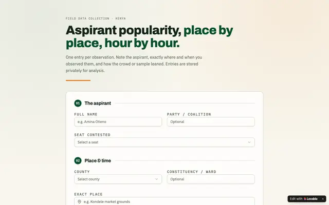 Screenshot of Aspirant Popularity Field Log — Kenya | Mwananchi Pulse