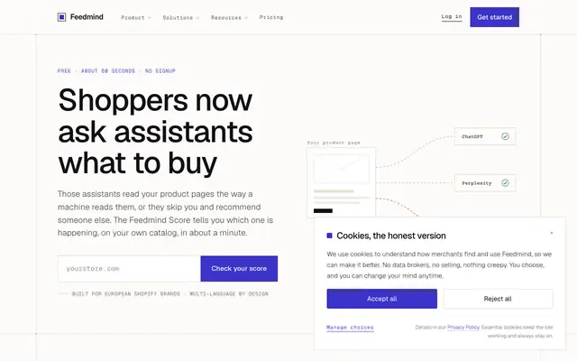 Screenshot of Feedmind · See what AI assistants can read on your store