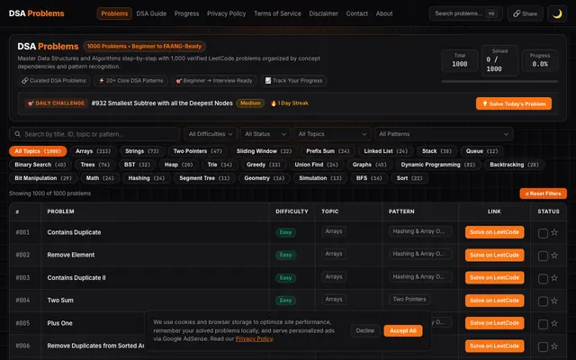 Screenshot of DSA Problems — 1000 Verified LeetCode Problems & DSA Sheet Roadmap