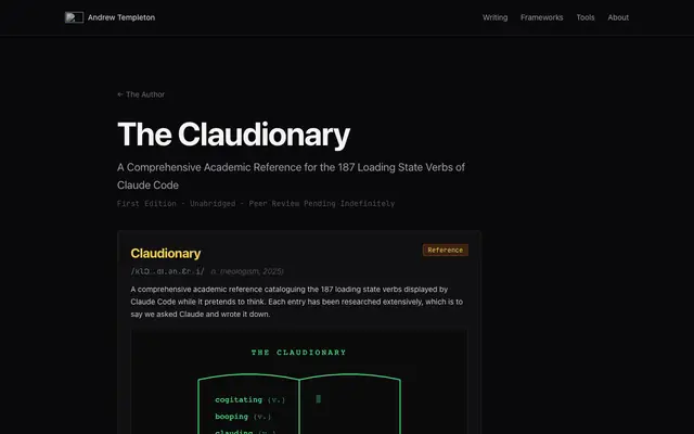 Screenshot of The Claudionary | A Definitive Guide to Claude Code Spinner Verbs | Andrew Templ
