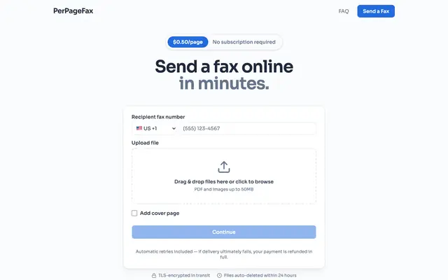 Screenshot of PerPageFax — Send faxes online. $0.50/page. No account required.
