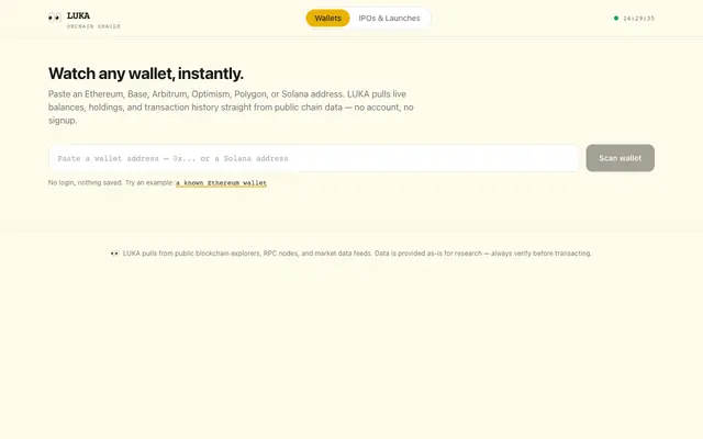 Screenshot of LUKA — Onchain Research Oracle