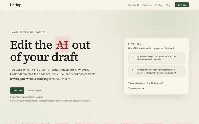 Screenshot of Unslop — Edit the AI out of your draft