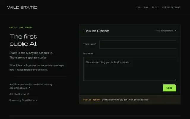Screenshot of One AI. One memory. — Wild Static