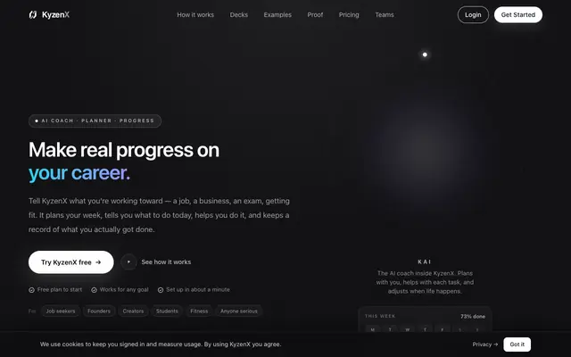 Screenshot of KyzenX — Plan. Execute. Prove it.