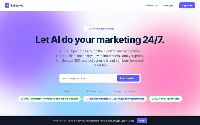 Screenshot of BuilderHQ — AI agent to automate your Influencer marketing, PR, and partnerships