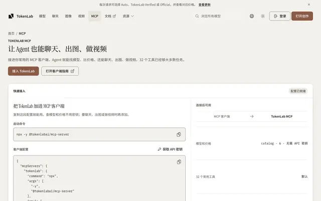 Screenshot of TokenLab MCP｜让 AI 智能体调用模型与多模态工具