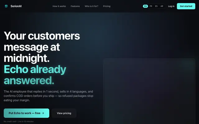 Screenshot of SorionAI — Your customers message at midnight. Echo already answered.