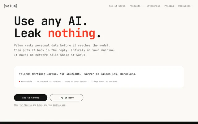 Screenshot of Velum | Mask sensitive data before it reaches any AI