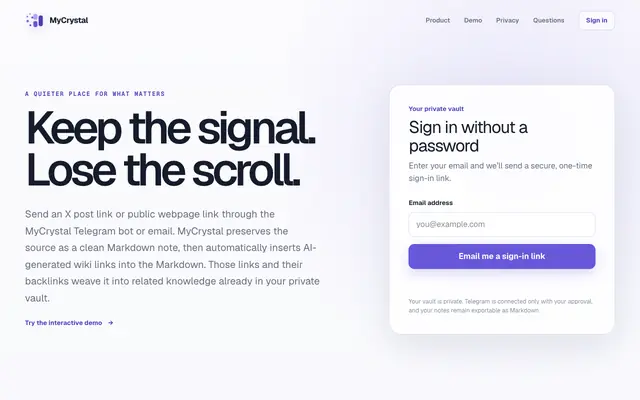 Screenshot of MyCrystal — Turn Saved Links into a Connected Knowledge Vault