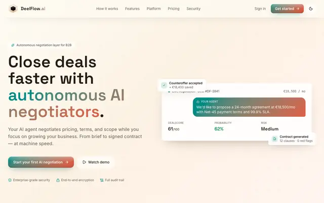 Screenshot of DeelFlow AI — Autonomous AI Negotiators for B2B Deals