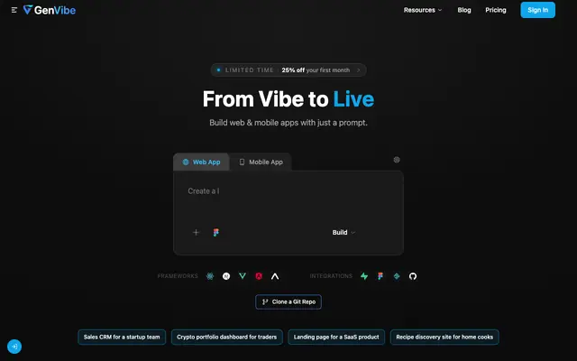 Screenshot of GenVibe — Build & Ship Real Web & Mobile Apps with AI