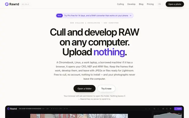 Screenshot of Rawnd — Open, cull and develop RAW photos in your browser