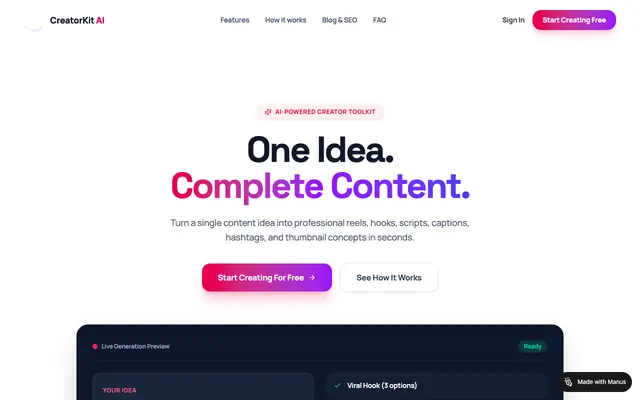 Screenshot of CreatorKit AI — One Idea. Complete Content for Creators.