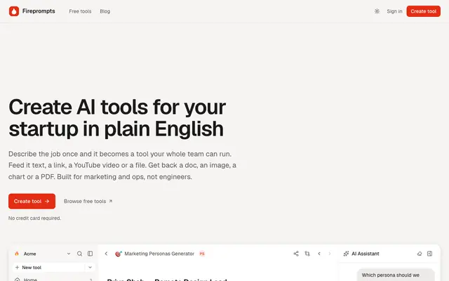 Screenshot of Fireprompts - Create AI tools for your startup in plain English